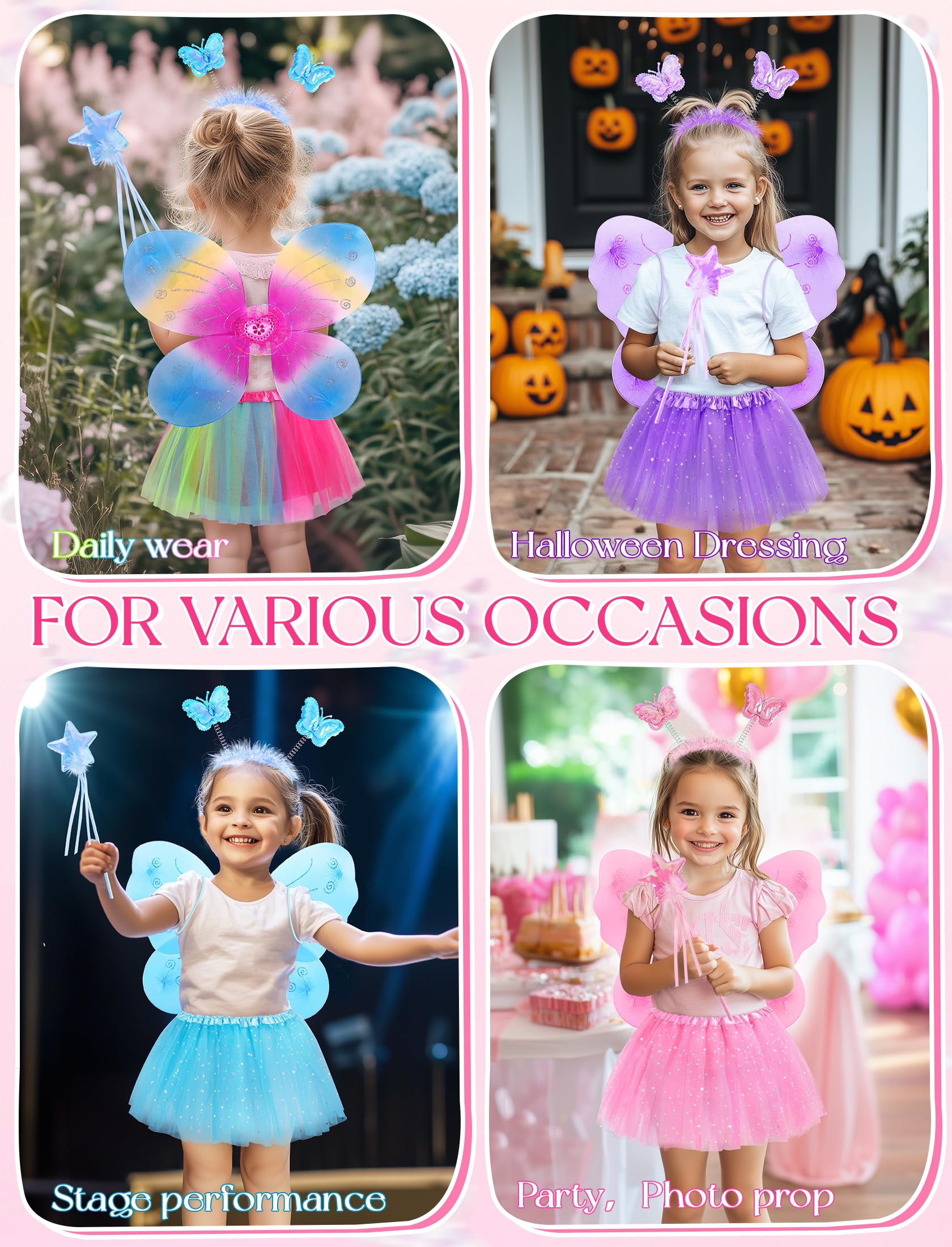 VEKDA 4-Pack Fairy Costume for Girls – Tutu Skirt, Wings, Headband, and Wand Set