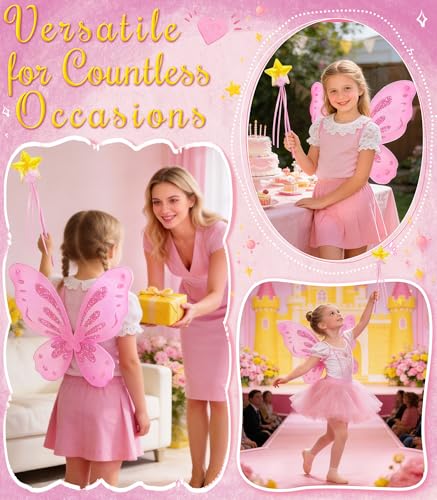 VEKDA Fairy Wings and Star Wand Set for Girls – Butterfly Costume Accessory for Dress-Up, Halloween, and Birthday Play