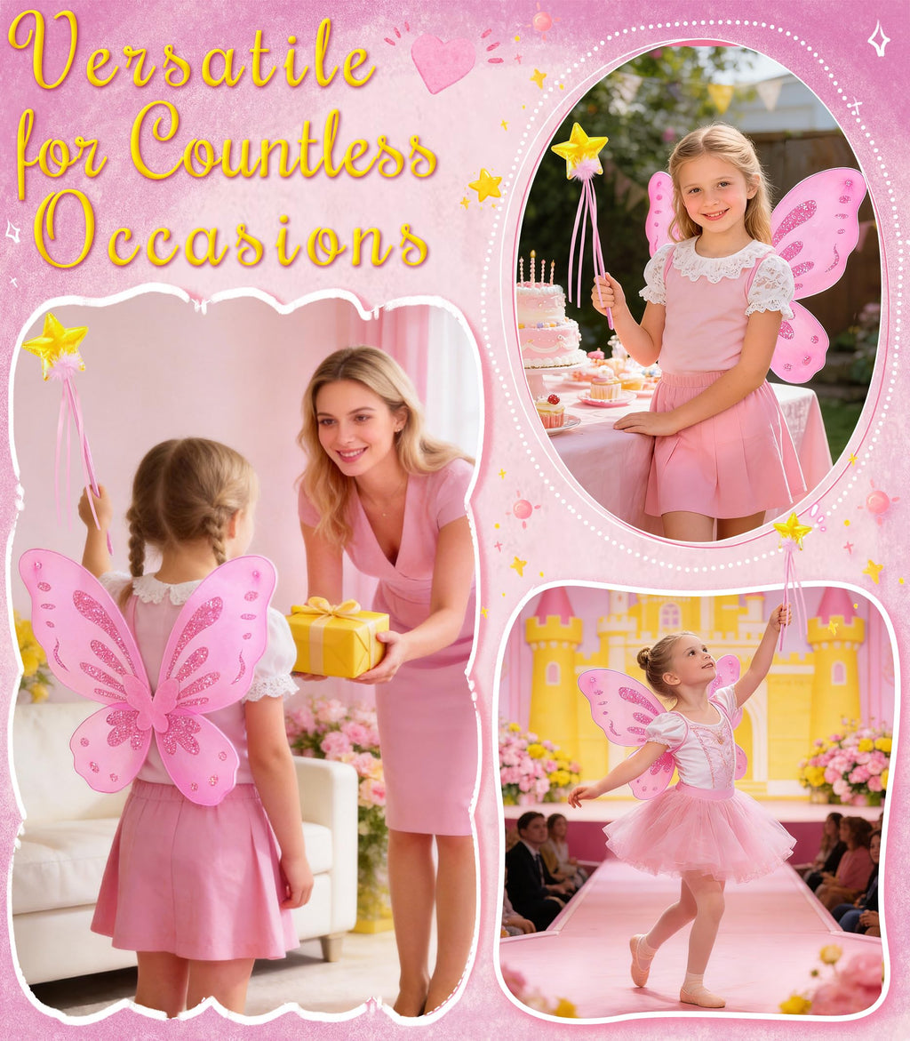 VEKDA Fairy Wings and Star Wand Set for Girls – Butterfly Costume Accessory for Dress-Up, Halloween, and Birthday Play