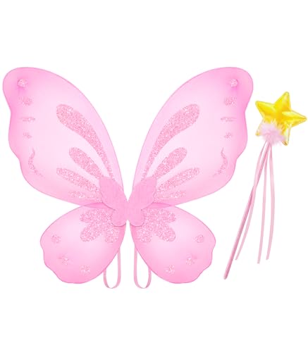 VEKDA Fairy Wings and Star Wand Set for Girls – Butterfly Costume Accessory for Dress-Up, Halloween, and Birthday Play