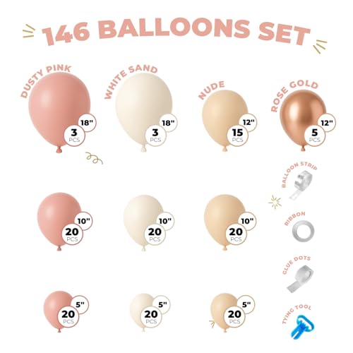Vellax 146-Piece Dusty Pink, White Sand, Nude & Rose Gold Balloon Garland Arch Kit for Birthday, Baby Shower, Wedding & Gender Reveal