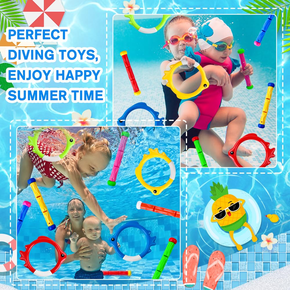 Vellibring 10-Piece Pool Dive Toy Set – Colorful Sinking Sticks & Rings for Kids Summer Fun