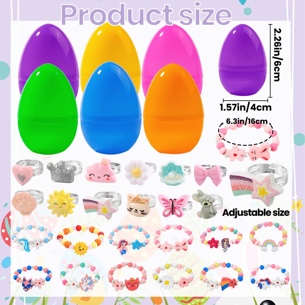 Vellibring 12 Prefilled Easter Eggs with 12 Bracelets & 12 Rings - Easter Basket Stuffers for Girls Kids Party Favors