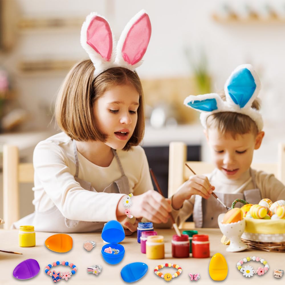 Vellibring 12 Prefilled Easter Eggs with 12 Bracelets & 12 Rings - Easter Basket Stuffers for Girls Kids Party Favors