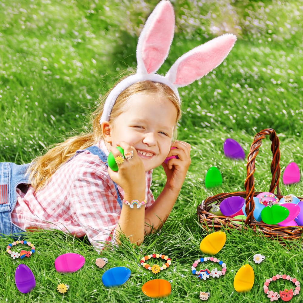 Vellibring 12 Prefilled Easter Eggs with 12 Bracelets & 12 Rings - Easter Basket Stuffers for Girls Kids Party Favors