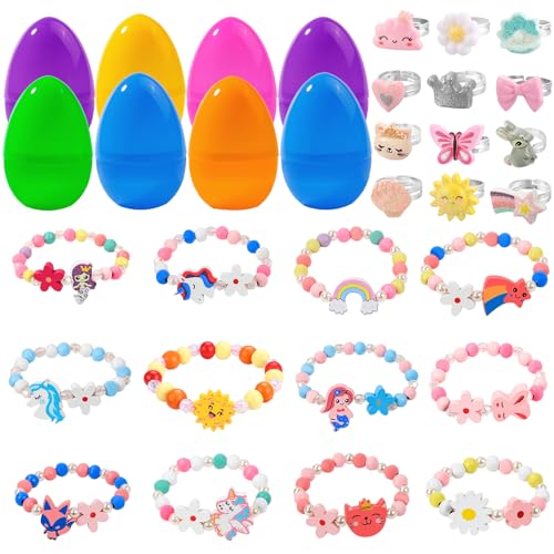 Vellibring 12 Prefilled Easter Eggs with 12 Bracelets & 12 Rings - Easter Basket Stuffers for Girls Kids Party Favors