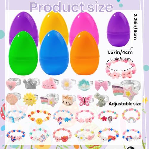 Vellibring 12 Prefilled Easter Eggs with 12 Bracelets & 12 Rings - Easter Basket Stuffers for Girls Kids Party Favors