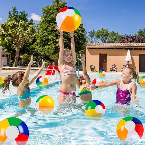 Vellibring 16-Pack 12-Inch Inflatable Beach Balls - Rainbow Pool Toys for Kids Summer Party Supplies