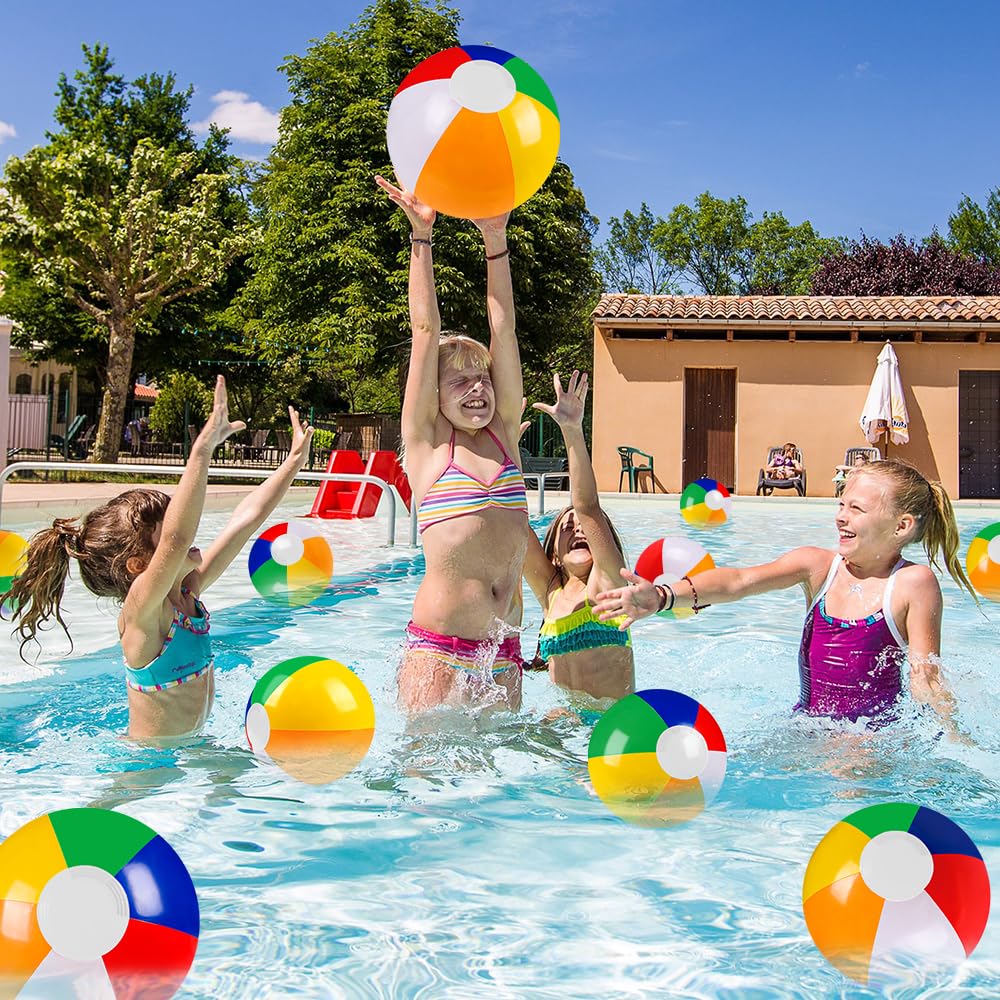 Vellibring 16-Pack 12-Inch Inflatable Beach Balls - Rainbow Pool Toys for Kids Summer Party Supplies