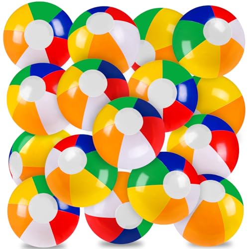 Vellibring 16-Pack 12-Inch Inflatable Beach Balls - Rainbow Pool Toys for Kids Summer Party Supplies