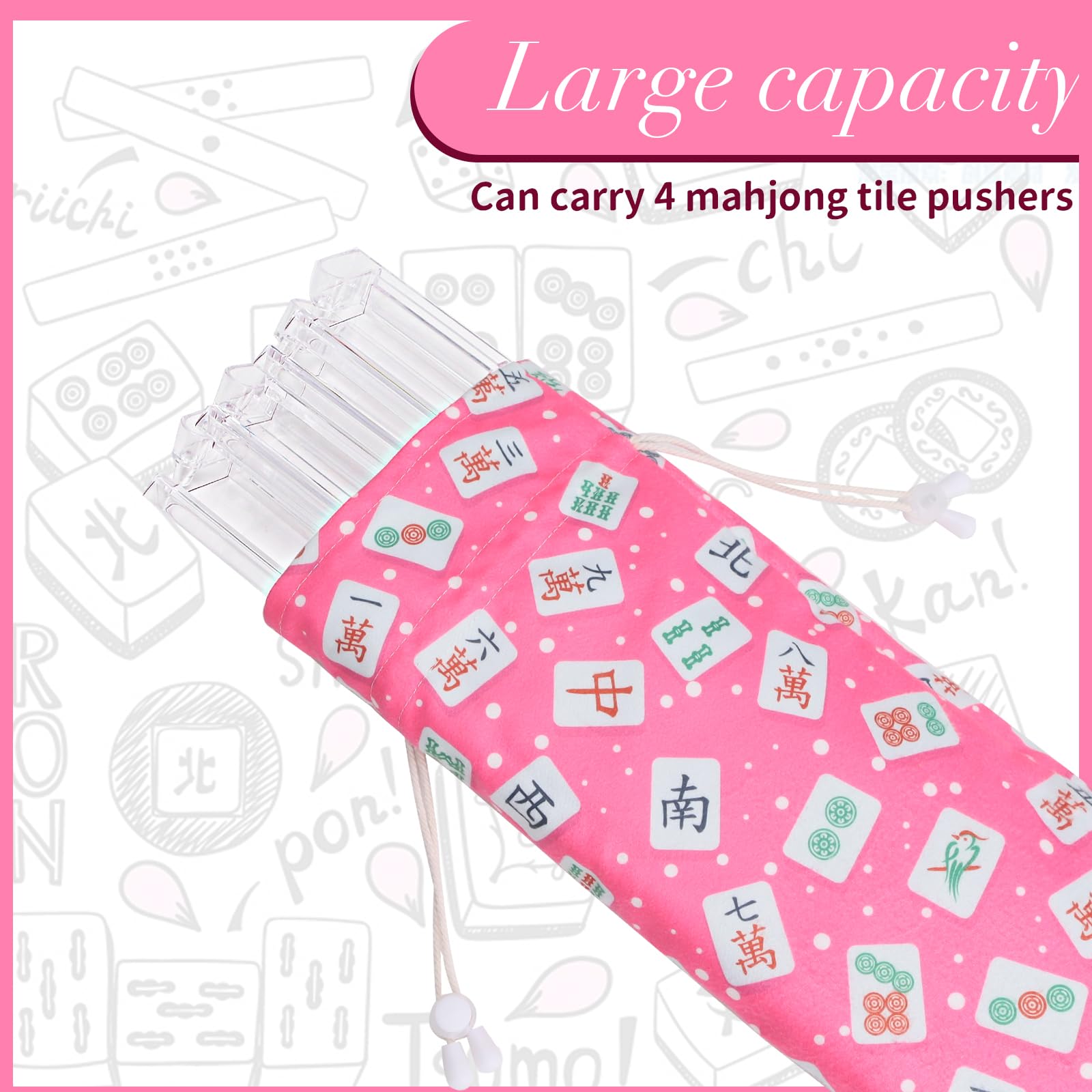 Velvet Drawstring Mahjong Rack Bag – Pink, Fits 4 Racks and Pushers, Mahjong Print Storage Pouch