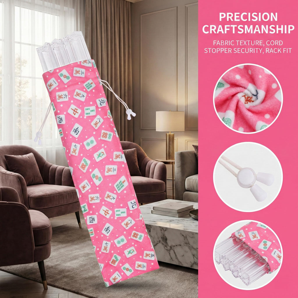 Velvet Drawstring Mahjong Rack Bag – Pink, Fits 4 Racks and Pushers, Mahjong Print Storage Pouch