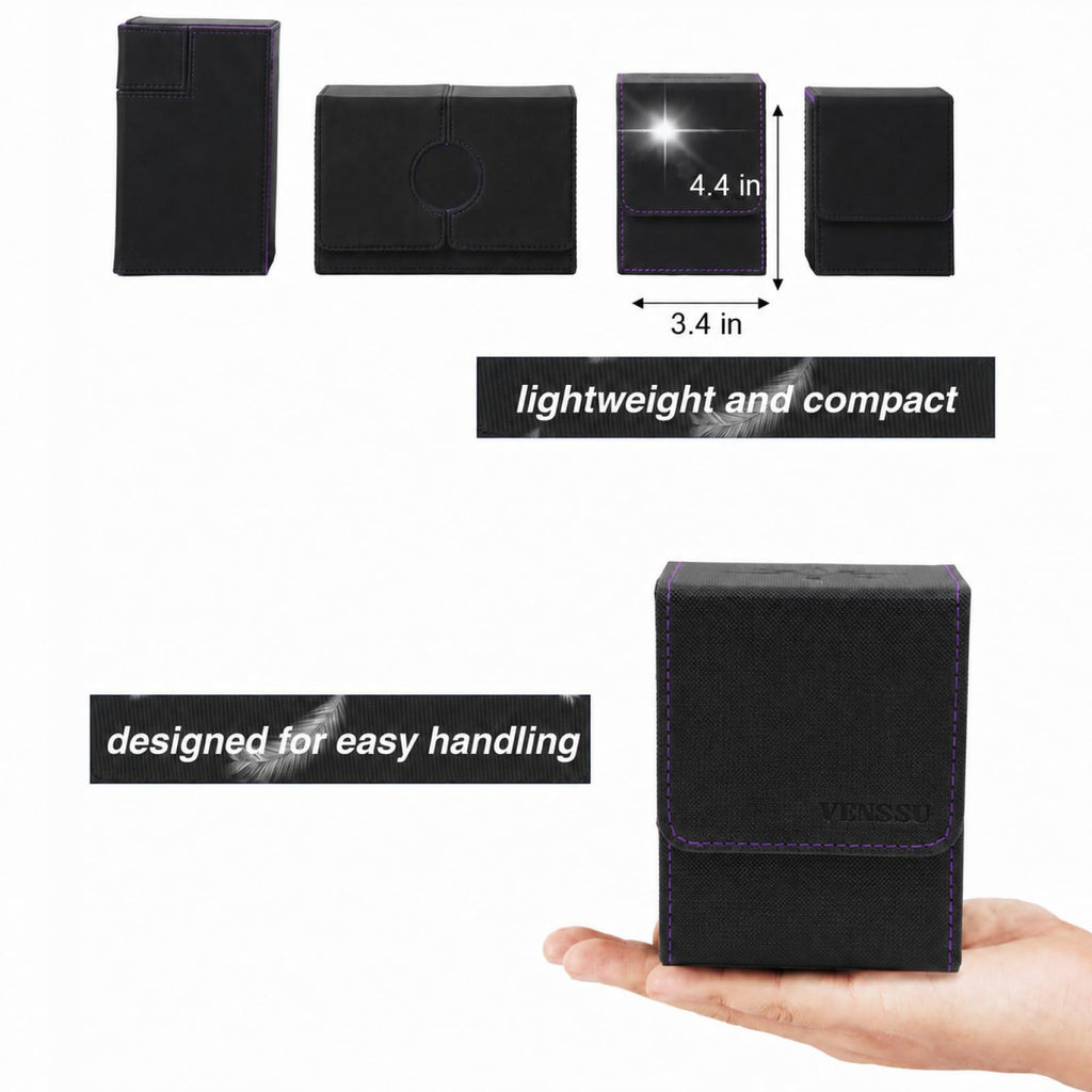 Venssu Commander Deck Box for MTG – Holds 100 Double-Sleeved Cards with Dividers and Toploader (Black & Purple)