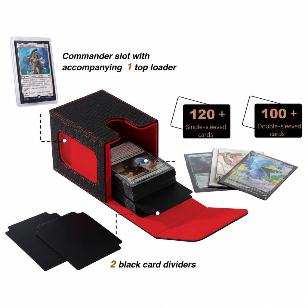 Venssu MTG Commander Deck Box – Holds 100 Double-Sleeved Cards, PU Leather, with 2 Dividers & Toploader (Black/Red)