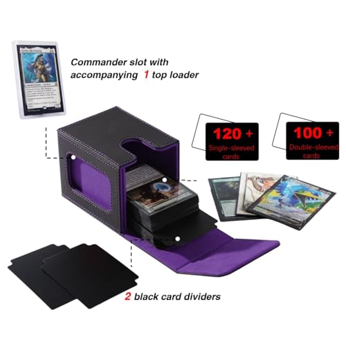 Venssu MTG Deck Box with Commander Display Slot – Patented, Fits 100+ Double-Sleeved Cards, Includes Dividers & Toploader (Black & Purple)