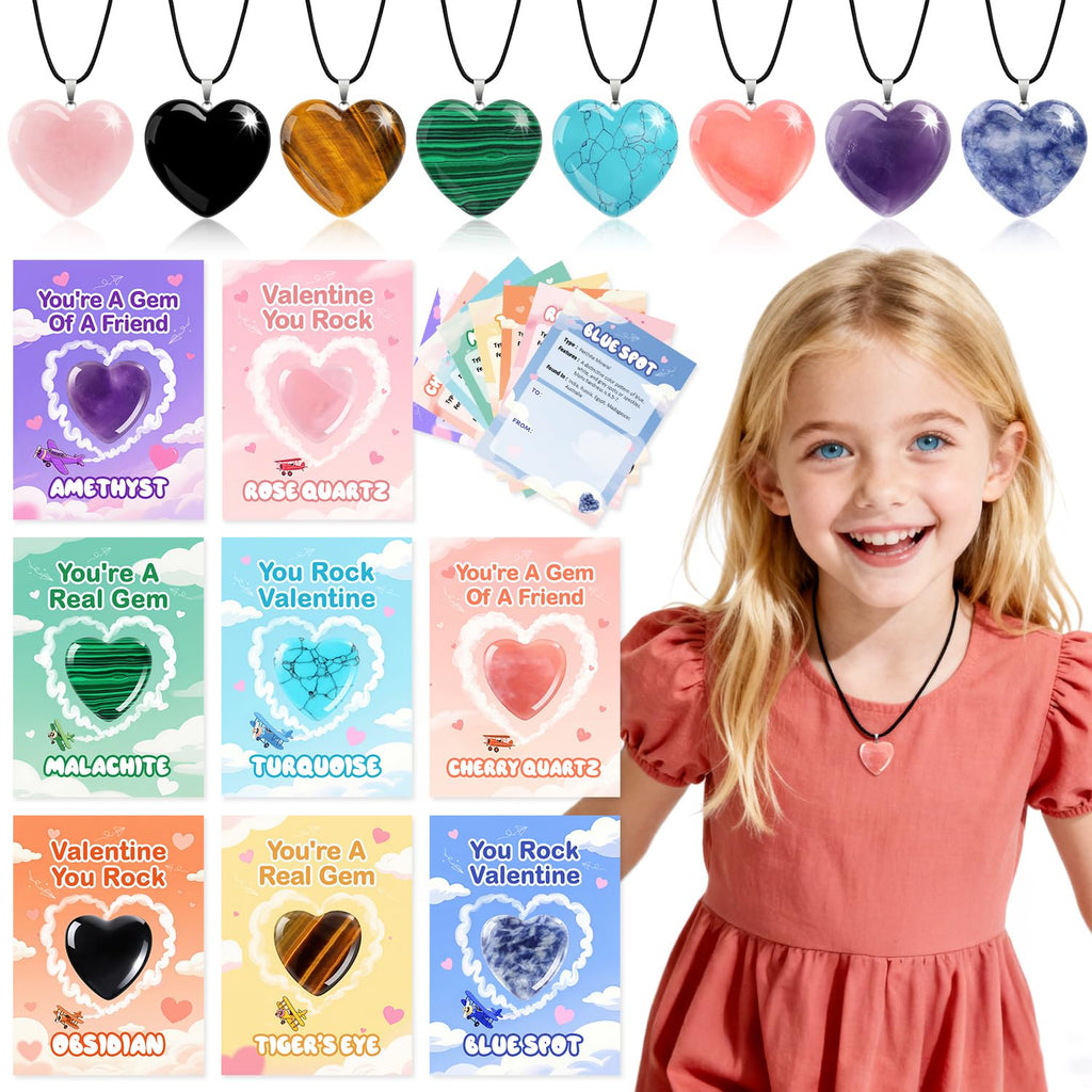 VERDRIP Valentine's Day Gifts for Kids School – 24 Heart Gem Pendants with Cards, Cords & Bags for Classroom Exchange Party Favors