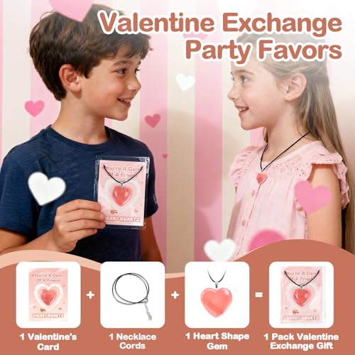 VERDRIP Valentine's Day Gifts for Kids School – 24 Heart Gem Pendants with Cards, Cords & Bags for Classroom Exchange Party Favors