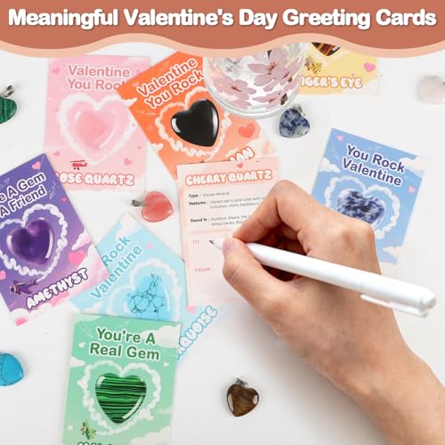 VERDRIP Valentine's Day Gifts for Kids School – 24 Heart Gem Pendants with Cards, Cords & Bags for Classroom Exchange Party Favors