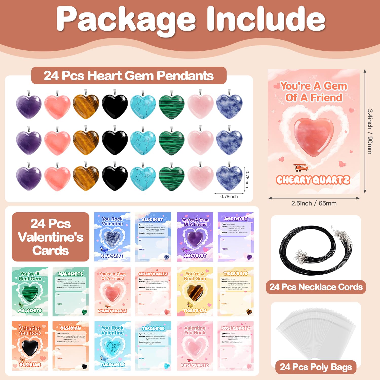 VERDRIP Valentine's Day Gifts for Kids School – 24 Heart Gem Pendants with Cards, Cords & Bags for Classroom Exchange Party Favors