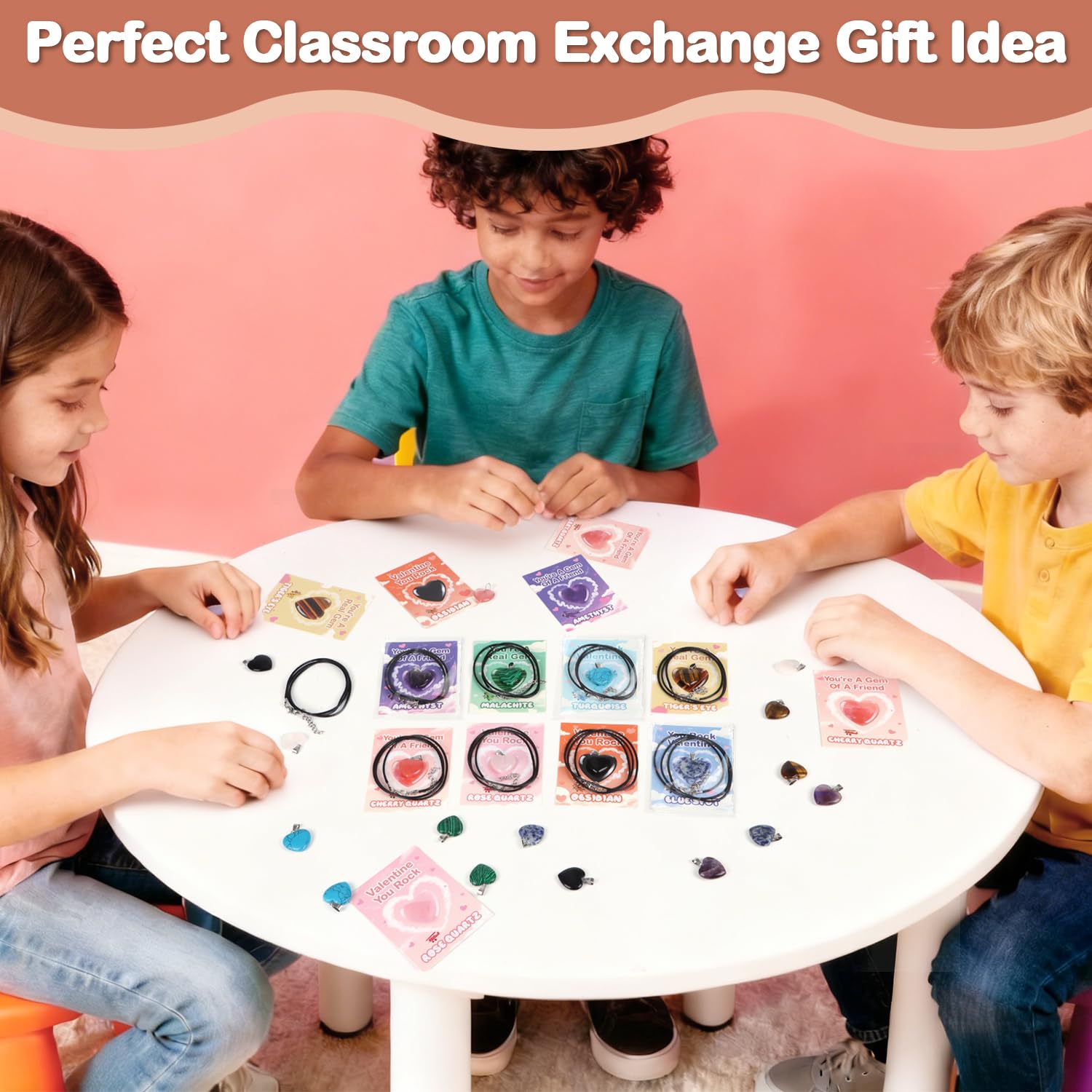 VERDRIP Valentine's Day Gifts for Kids School – 24 Heart Gem Pendants with Cards, Cords & Bags for Classroom Exchange Party Favors
