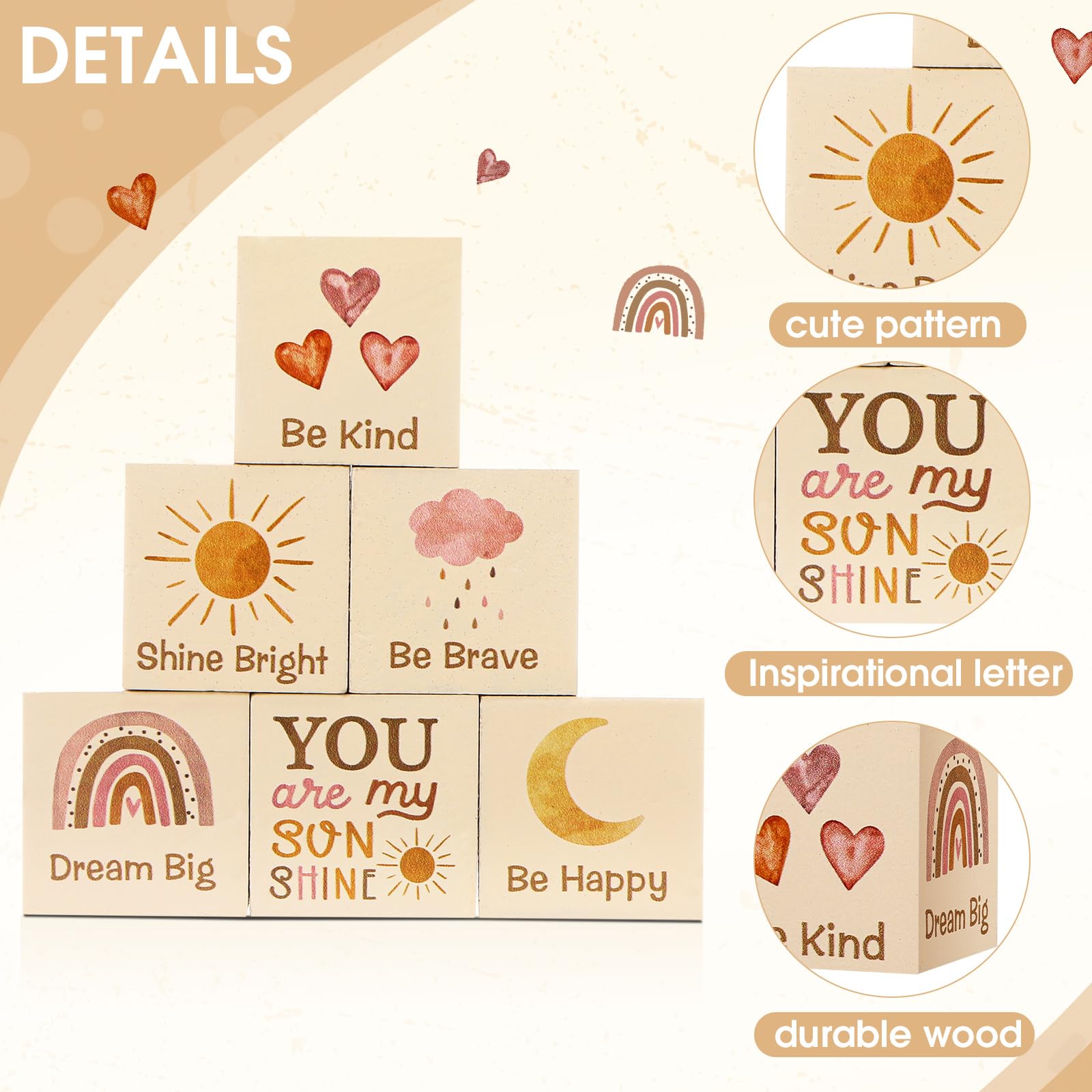 Vertintong 6-Piece Boho Rainbow Wooden Blocks for Nursery Shelf Decor