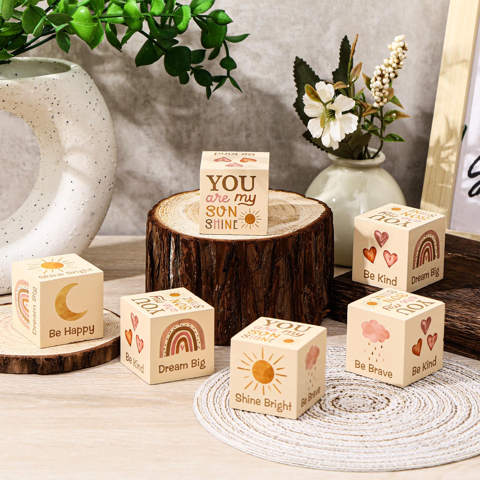 Vertintong 6-Piece Boho Rainbow Wooden Blocks for Nursery Shelf Decor