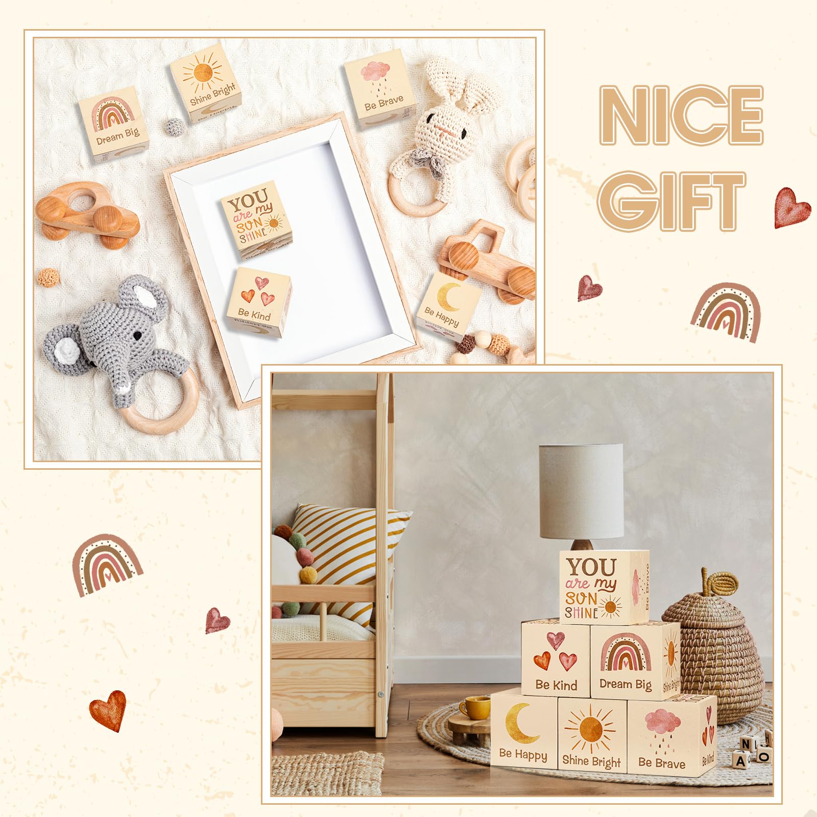 Vertintong 6-Piece Boho Rainbow Wooden Blocks for Nursery Shelf Decor