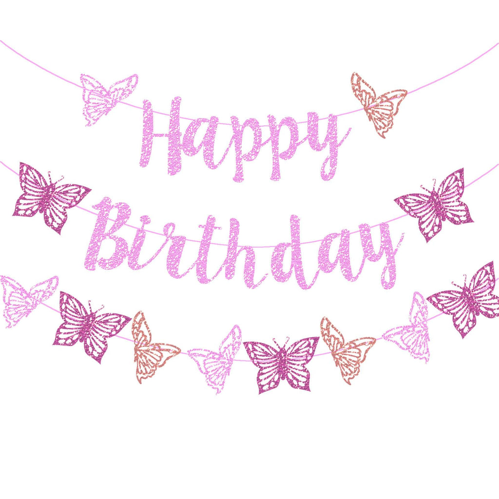 Vetwo Pink Glitter Butterfly Birthday Banner Set - Paper Party Decor for Baby Shower, Gender Reveal & More