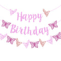 Vetwo Pink Glitter Butterfly Birthday Banner Set - Paper Party Decor for Baby Shower, Gender Reveal & More