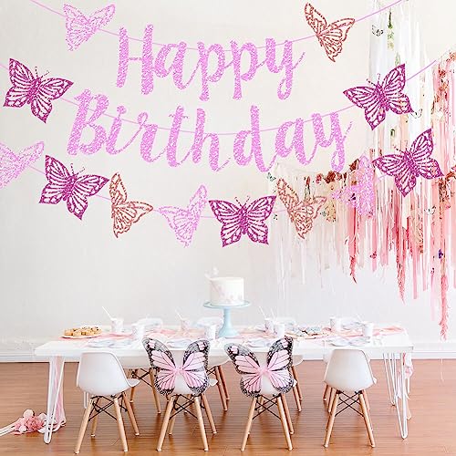 Vetwo Pink Glitter Butterfly Birthday Banner Set - Paper Party Decor for Baby Shower, Gender Reveal & More