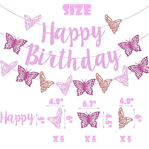 Vetwo Pink Glitter Butterfly Birthday Banner Set - Paper Party Decor for Baby Shower, Gender Reveal & More
