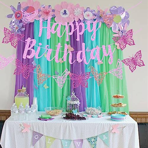 Vetwo Pink Glitter Butterfly Birthday Banner Set - Paper Party Decor for Baby Shower, Gender Reveal & More