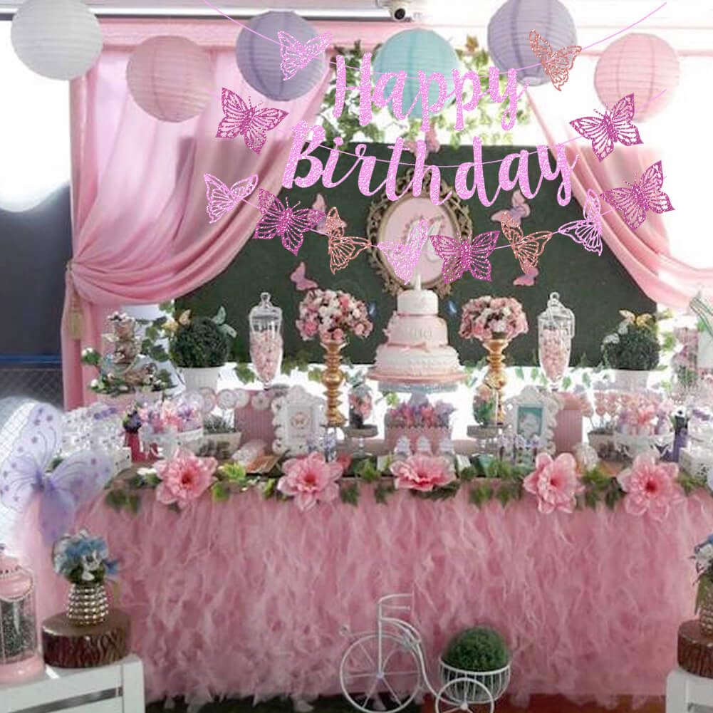 Vetwo Pink Glitter Butterfly Birthday Banner Set - Paper Party Decor for Baby Shower, Gender Reveal & More