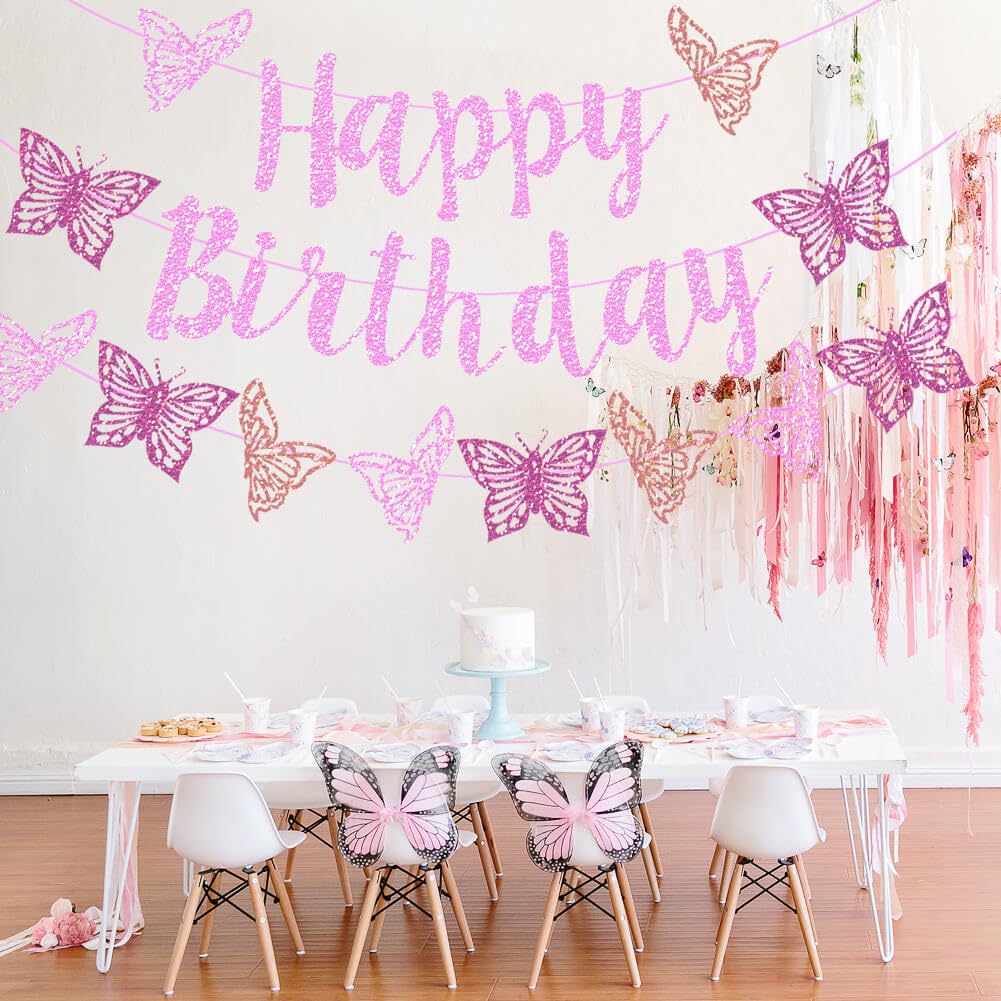 Vetwo Pink Glitter Butterfly Birthday Banner Set - Paper Party Decor for Baby Shower, Gender Reveal & More