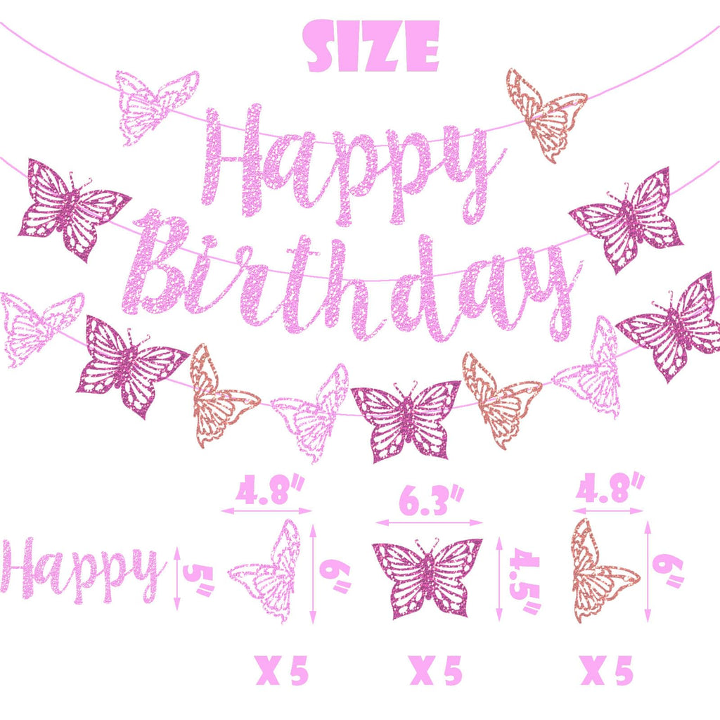 Vetwo Pink Glitter Butterfly Birthday Banner Set - Paper Party Decor for Baby Shower, Gender Reveal & More