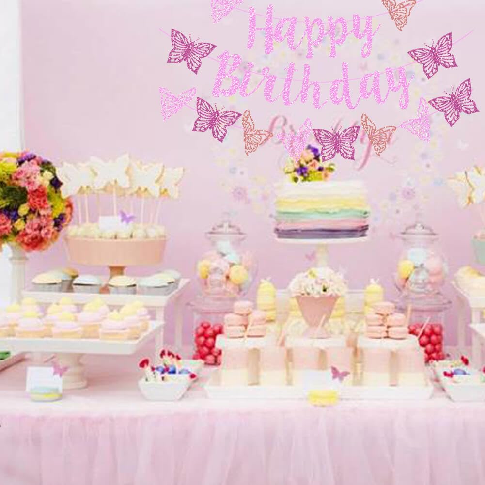 Vetwo Pink Glitter Butterfly Birthday Banner Set - Paper Party Decor for Baby Shower, Gender Reveal & More