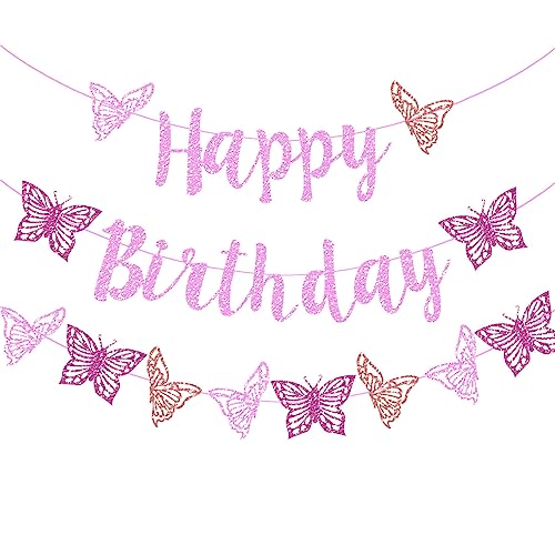 Vetwo Pink Glitter Butterfly Birthday Banner Set - Paper Party Decor for Baby Shower, Gender Reveal & More