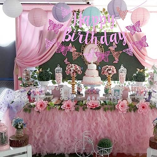 Vetwo Pink Glitter Butterfly Birthday Banner Set - Paper Party Decor for Baby Shower, Gender Reveal & More