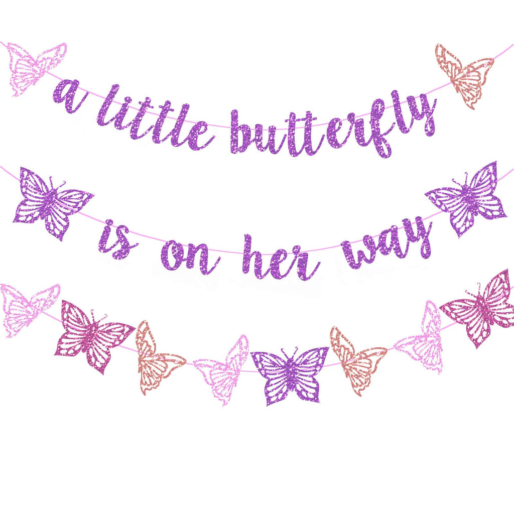 Vetwo Purple Glitter Butterfly Baby Shower Banner - 'A Little Butterfly Is On Her Way' for Gender Reveal, Pregnancy Announcement & 1st Birthday Party Supplies
