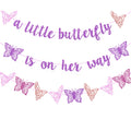 Vetwo Purple Glitter Butterfly Baby Shower Banner - 'A Little Butterfly Is On Her Way' for Gender Reveal, Pregnancy Announcement & 1st Birthday Party Supplies