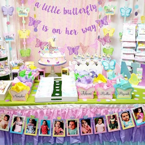 Vetwo Purple Glitter Butterfly Baby Shower Banner - 'A Little Butterfly Is On Her Way' for Gender Reveal, Pregnancy Announcement & 1st Birthday Party Supplies