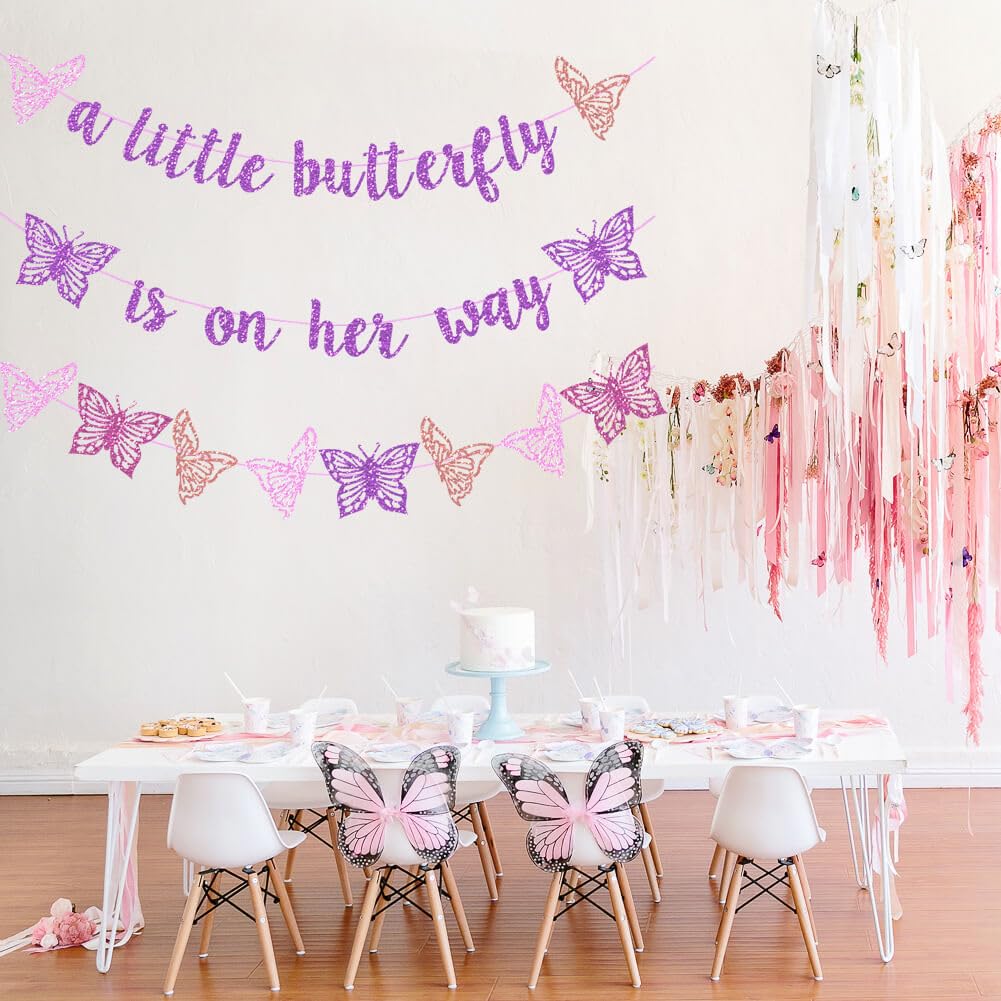 Vetwo Purple Glitter Butterfly Baby Shower Banner - 'A Little Butterfly Is On Her Way' for Gender Reveal, Pregnancy Announcement & 1st Birthday Party Supplies