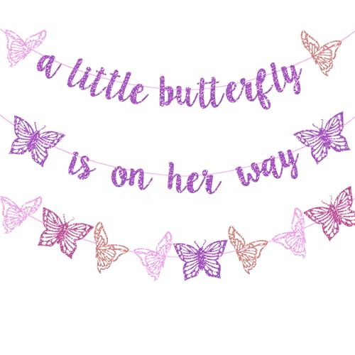 Vetwo Purple Glitter Butterfly Baby Shower Banner - 'A Little Butterfly Is On Her Way' for Gender Reveal, Pregnancy Announcement & 1st Birthday Party Supplies