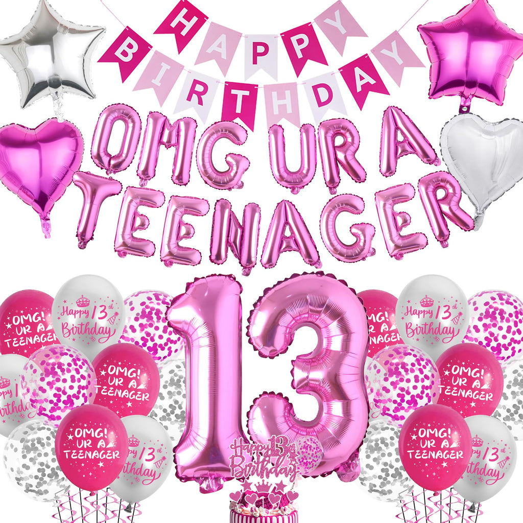 VeyoCraft 13th Birthday Decorations for Girls - Hot Pink OMG UR A Teenager Kit with Foil Balloons, Banner, Cake Topper (72 Pieces)