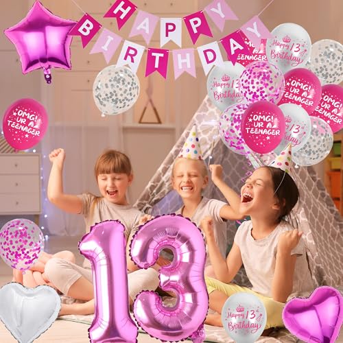 VeyoCraft 13th Birthday Decorations for Girls - Hot Pink OMG UR A Teenager Kit with Foil Balloons, Banner, Cake Topper (72 Pieces)