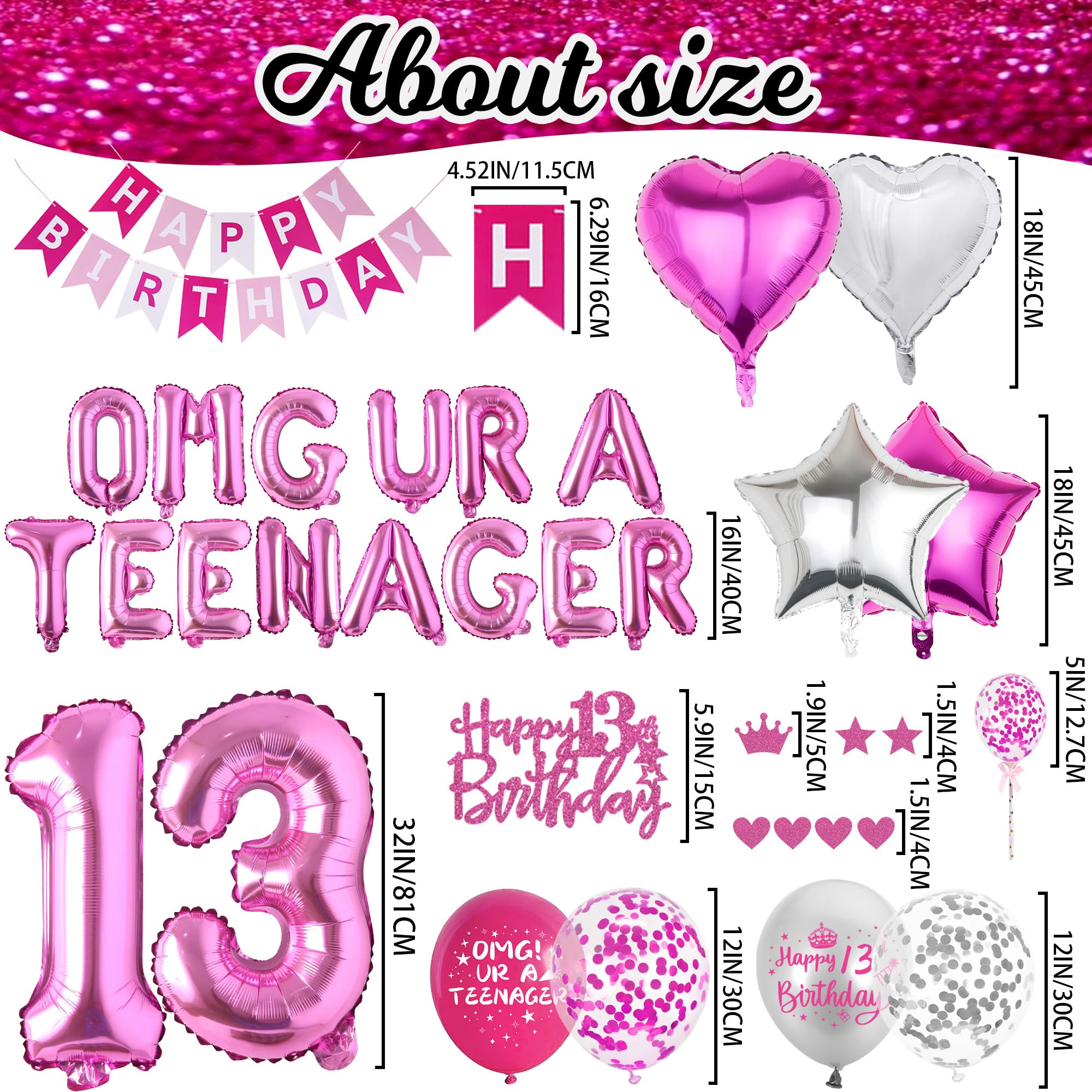 VeyoCraft 13th Birthday Decorations for Girls - Hot Pink OMG UR A Teenager Kit with Foil Balloons, Banner, Cake Topper (72 Pieces)