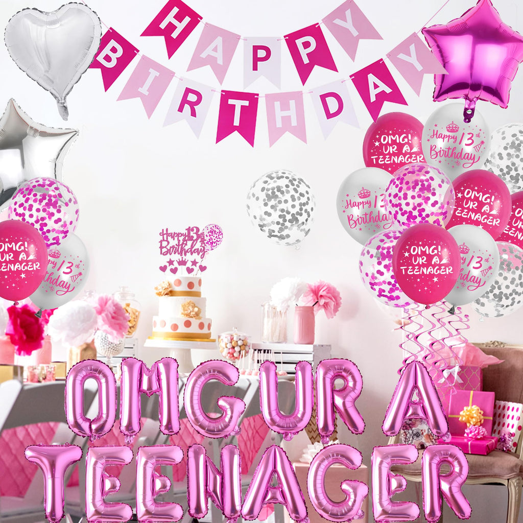 VeyoCraft 13th Birthday Decorations for Girls - Hot Pink OMG UR A Teenager Kit with Foil Balloons, Banner, Cake Topper (72 Pieces)