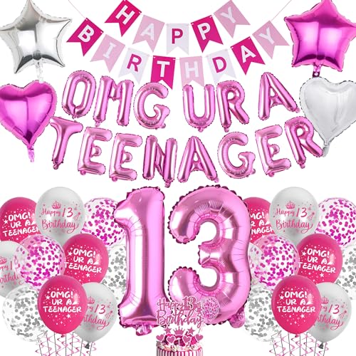 VeyoCraft 13th Birthday Decorations for Girls - Hot Pink OMG UR A Teenager Kit with Foil Balloons, Banner, Cake Topper (72 Pieces)