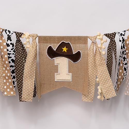 Vgaruint Cowboy Rodeo 1st Birthday High Chair Banner - Western Party Decor with Embroidered Number 1 and Cowboy Hat