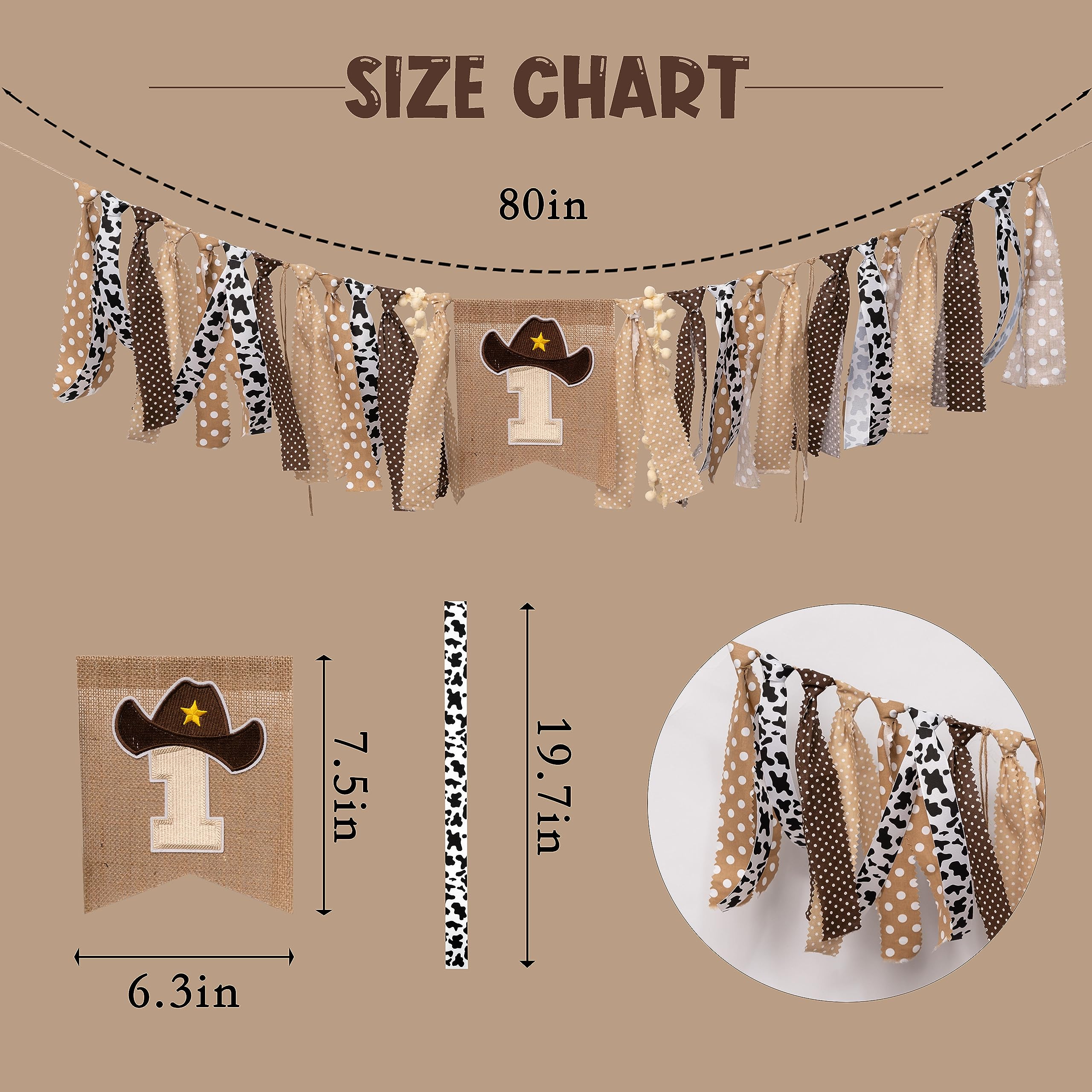 Vgaruint Cowboy Rodeo 1st Birthday High Chair Banner - Western Party Decor with Embroidered Number 1 and Cowboy Hat